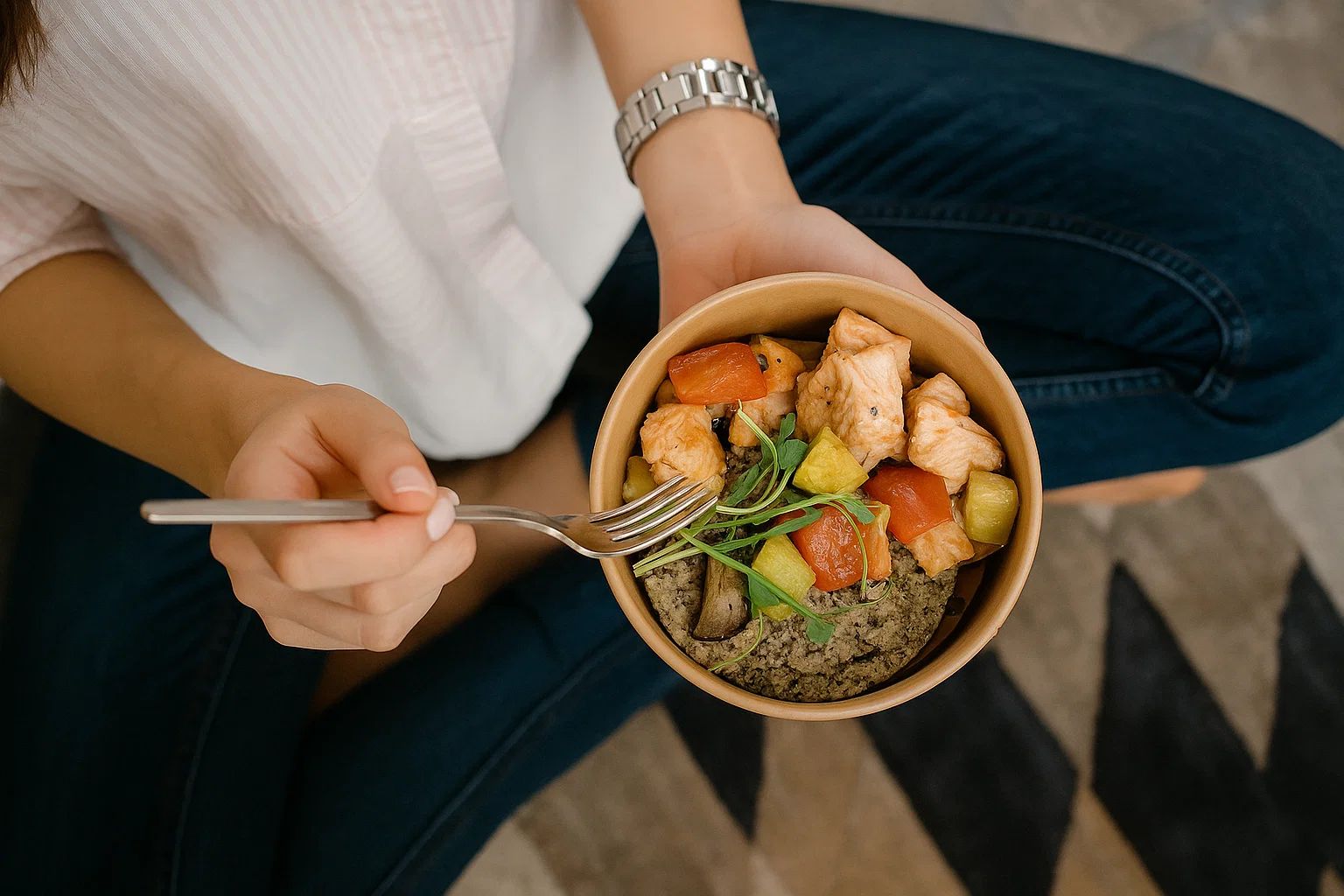 Persona sosteniendo bowl con comida saludable